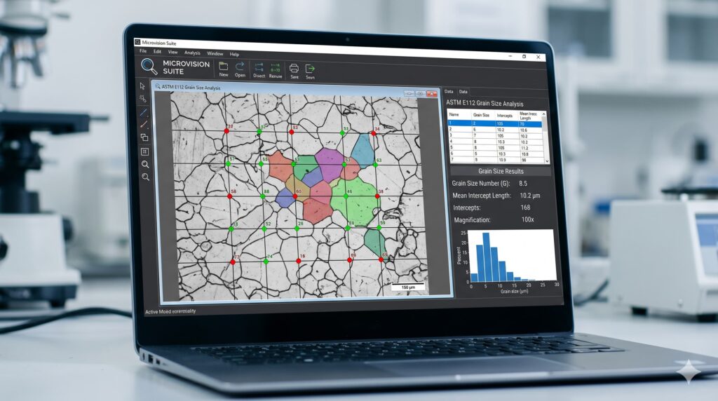 AI-powered grain size analysis interface showing ASTM E112 compliance data.