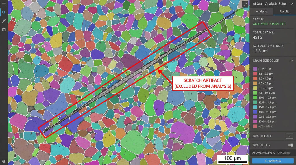 Automated grain size analysis using AI-powered microscopy software according to ASTM E112 standards.