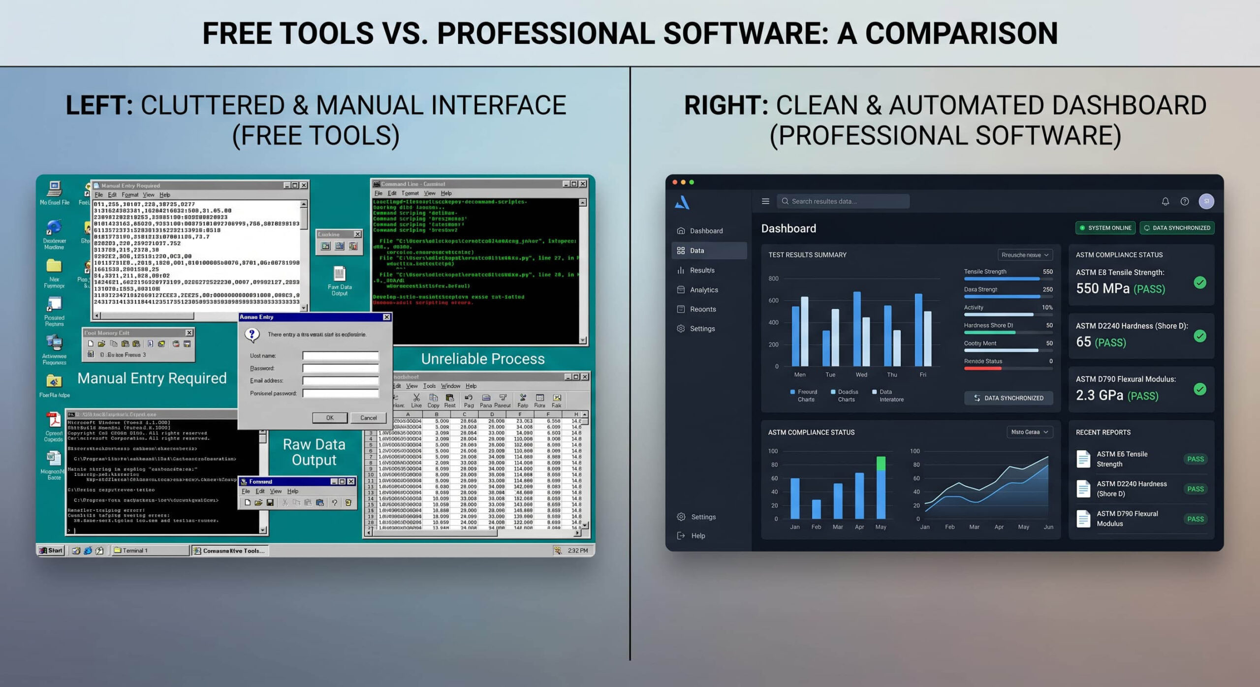 Comparison between professional AI-powered microscopy software and manual open-source tools.
