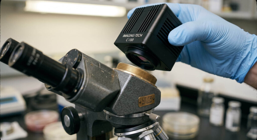 A digital CMOS camera being mounted to an analog microscope for digital software integration.