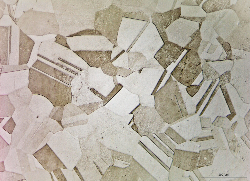 Microstructure of duplex stainless steel showing austenite and ferrite phases etched with Adlers reagent