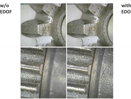 A highly detailed, fully focused microscopic view of a rough metallic fracture surface, achieved using Extended Depth of Field (EDOF) software in metallography