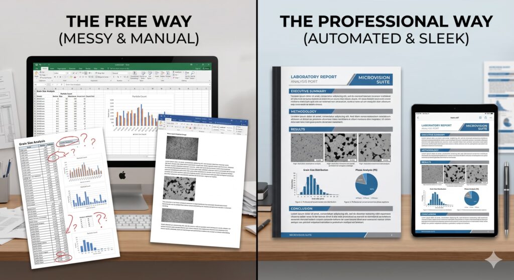 Side-by-side comparison of manual reporting in free software vs automated reporting in Microvision.