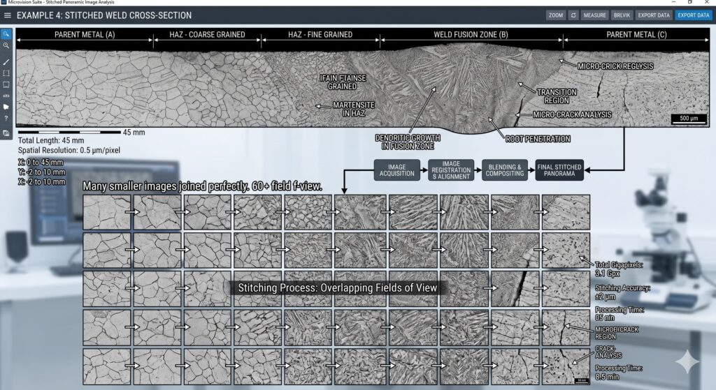 Example of large-scale image stitching (mosaicing) in professional metallography software.