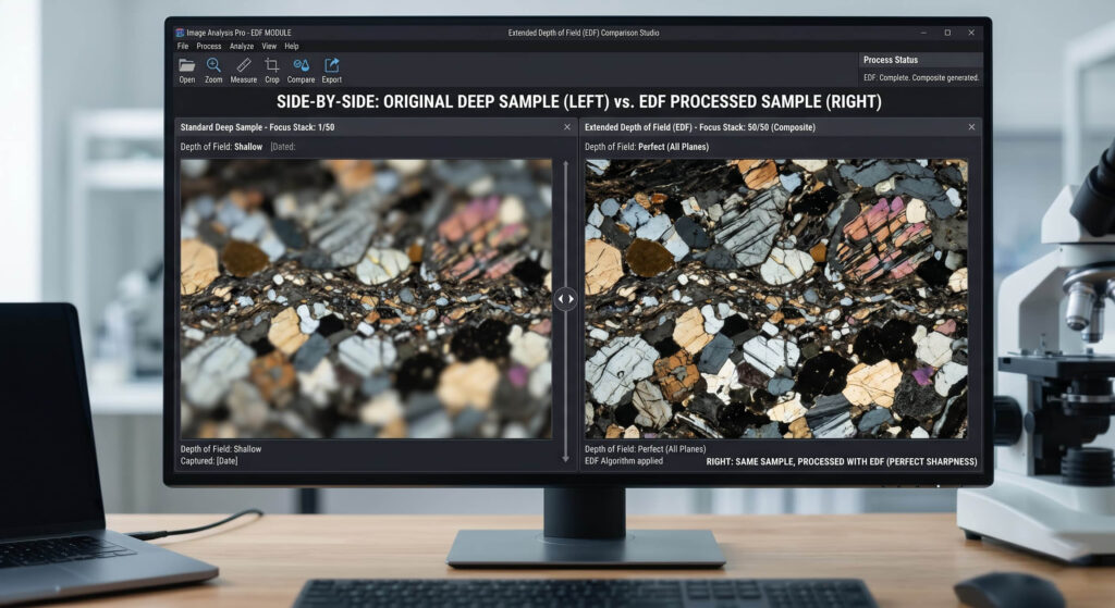 Comparison of a standard microscope view versus Extended Depth of Field (EDF) reconstruction.
