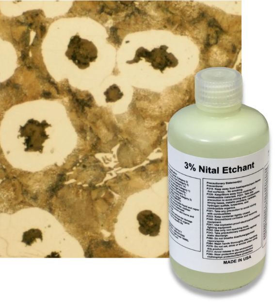 A split microscopic view of the same medium-carbon steel sample etched with Nital on the left, showing distinct ferrite grain boundaries, and Picral on the right, highlighting delicate pearlite lamellae.