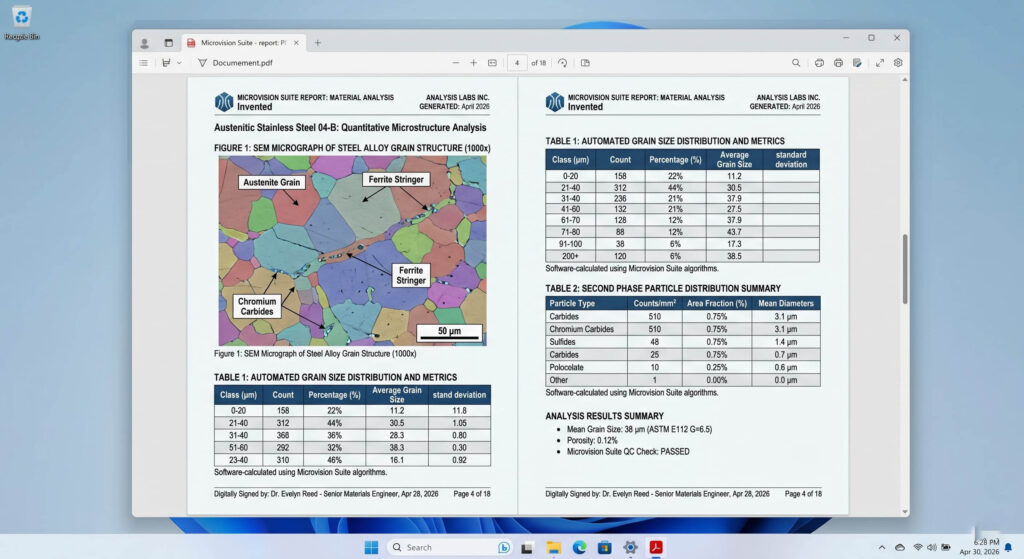 An automated microstructure report featuring a sharp image and ASTM E112 data tables.