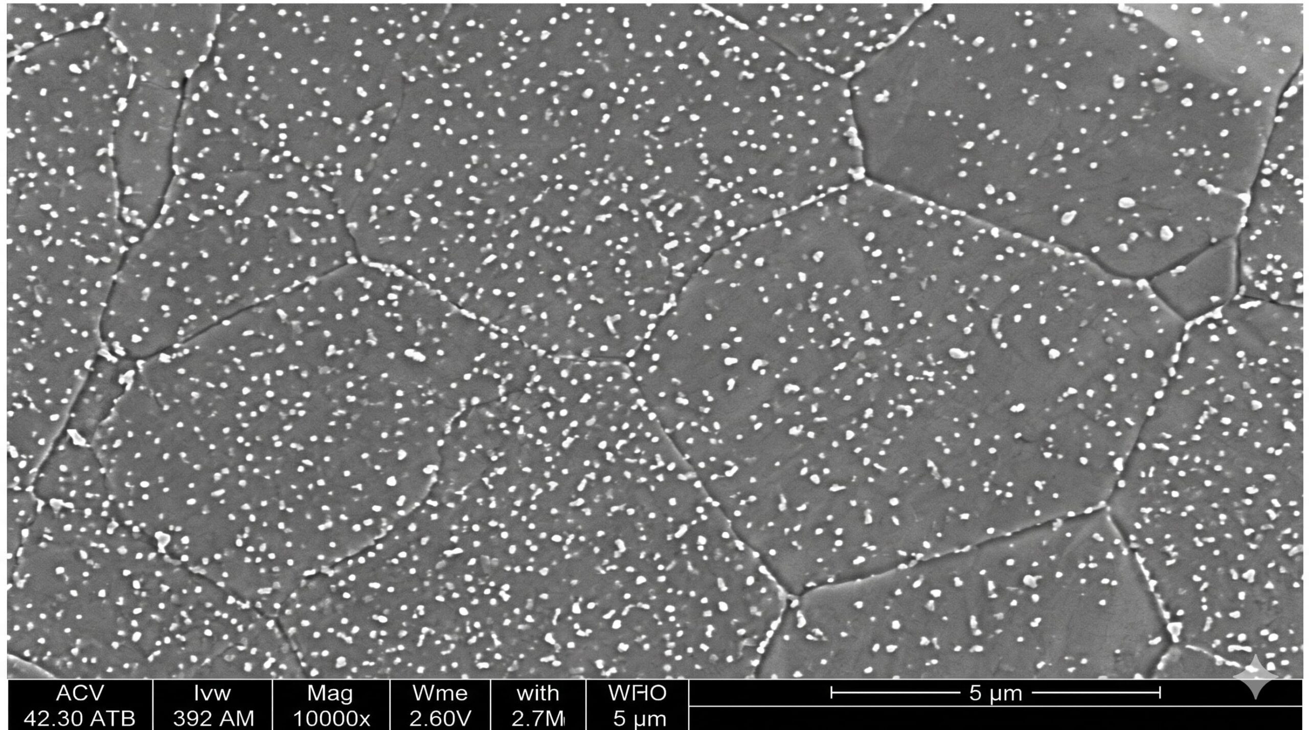 Scanning Electron Microscope (SEM) view of 7075 T6 aluminum showing intermetallic precipitates and grain boundaries.