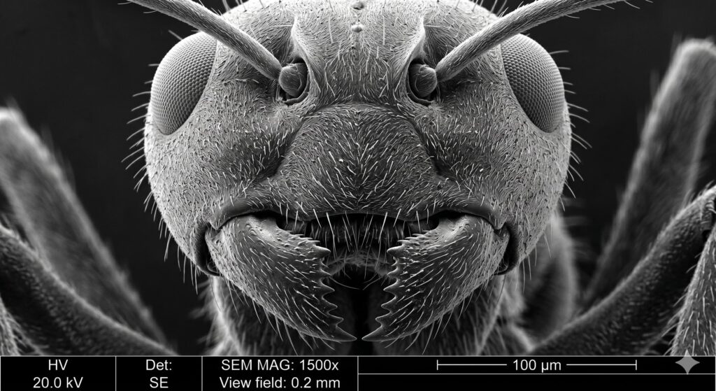Extreme close-up of an ant's face under a microscope showing mandibles and compound eyes.
