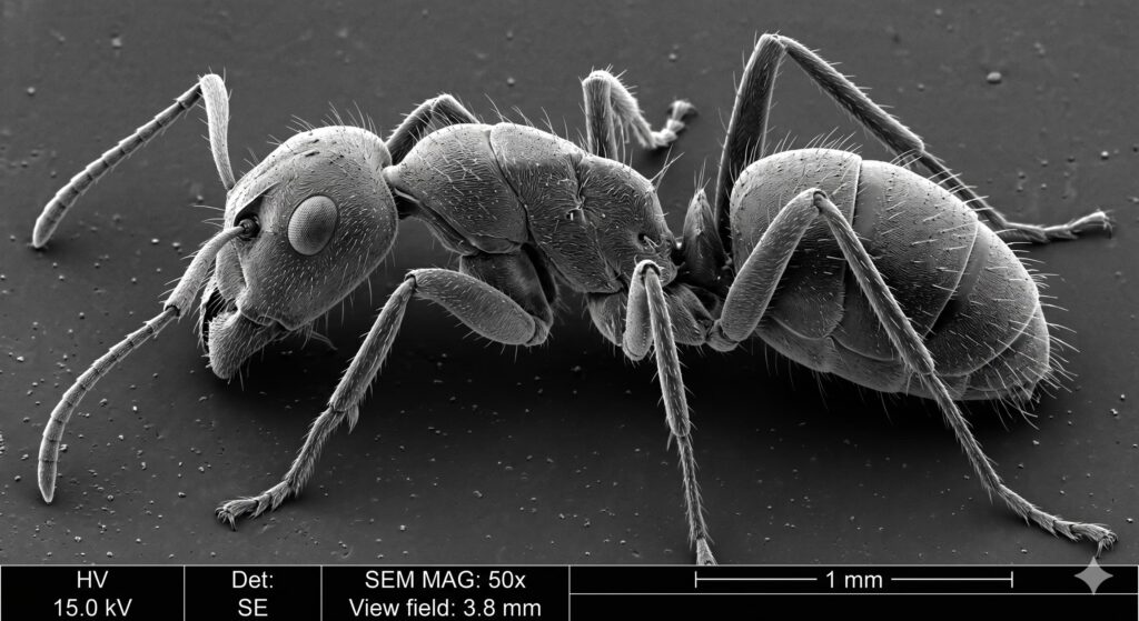 A high-resolution Scanning Electron Microscope (SEM) image of a full ant body showing structural details.