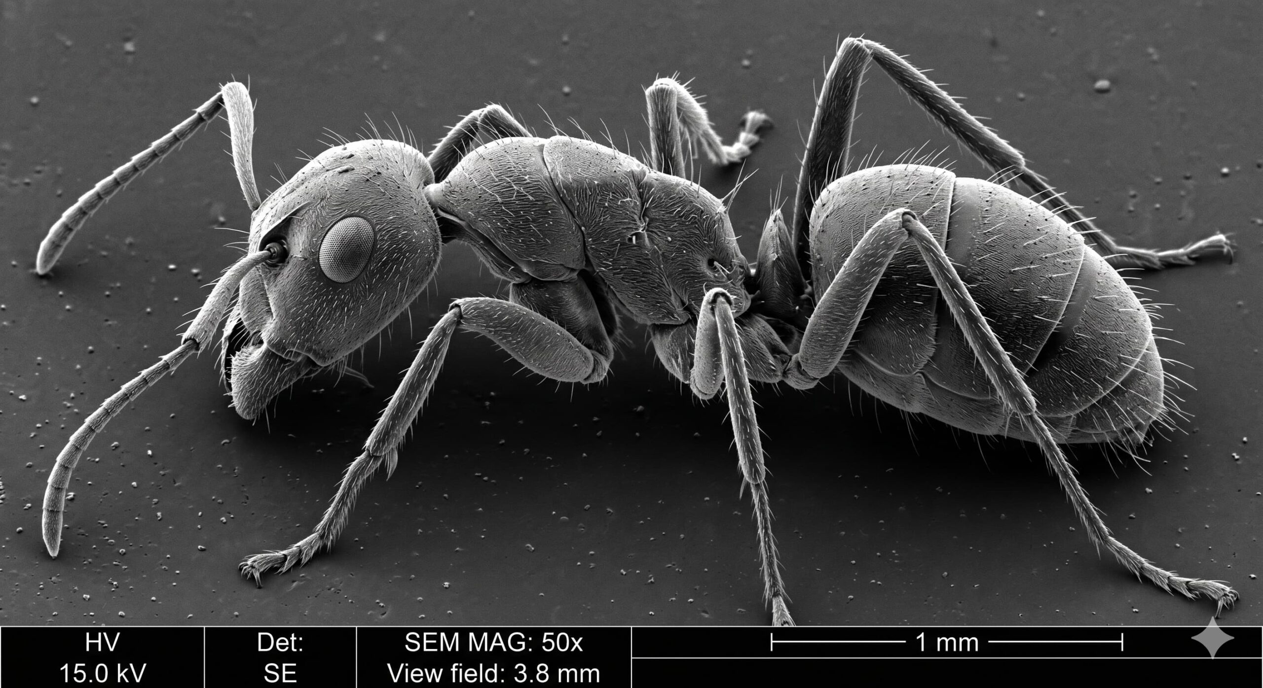A high-resolution Scanning Electron Microscope (SEM) image of a full ant body showing structural details.