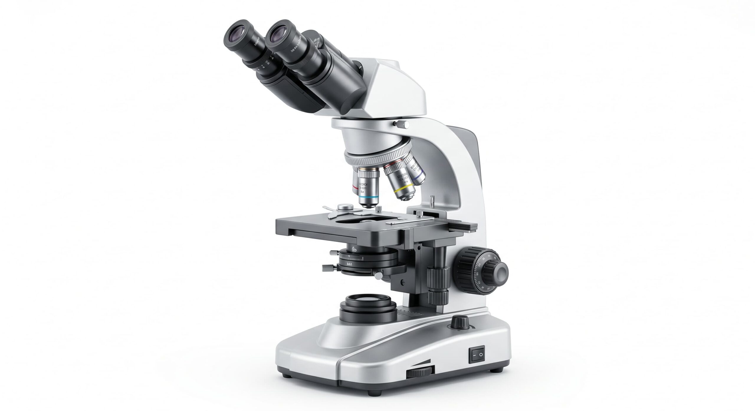 A high-end laboratory bright field microscope with labels showing the light source, condenser, and objectives.