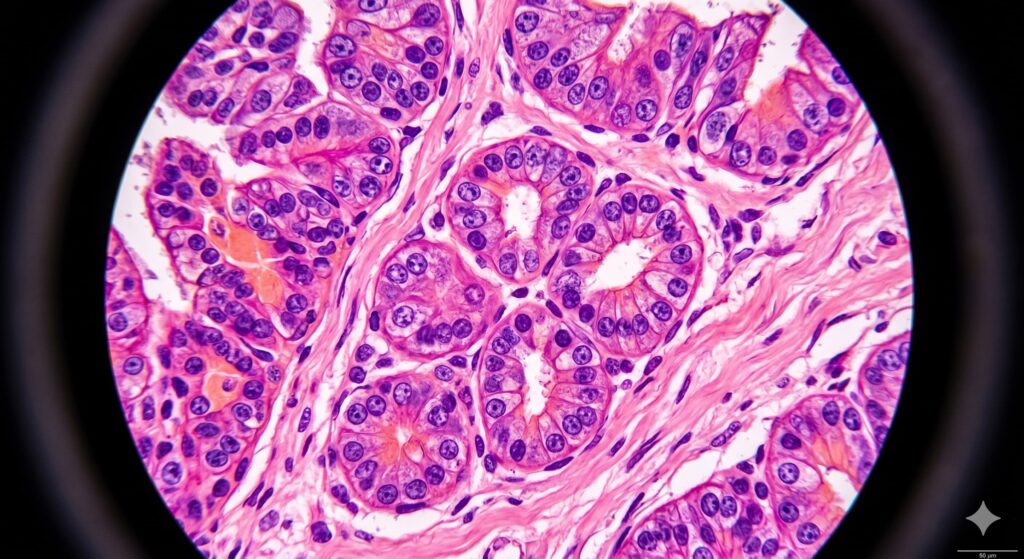 A high-resolution microscopic image of a tissue sample stained with H&E as seen through a digital bright field microscope.