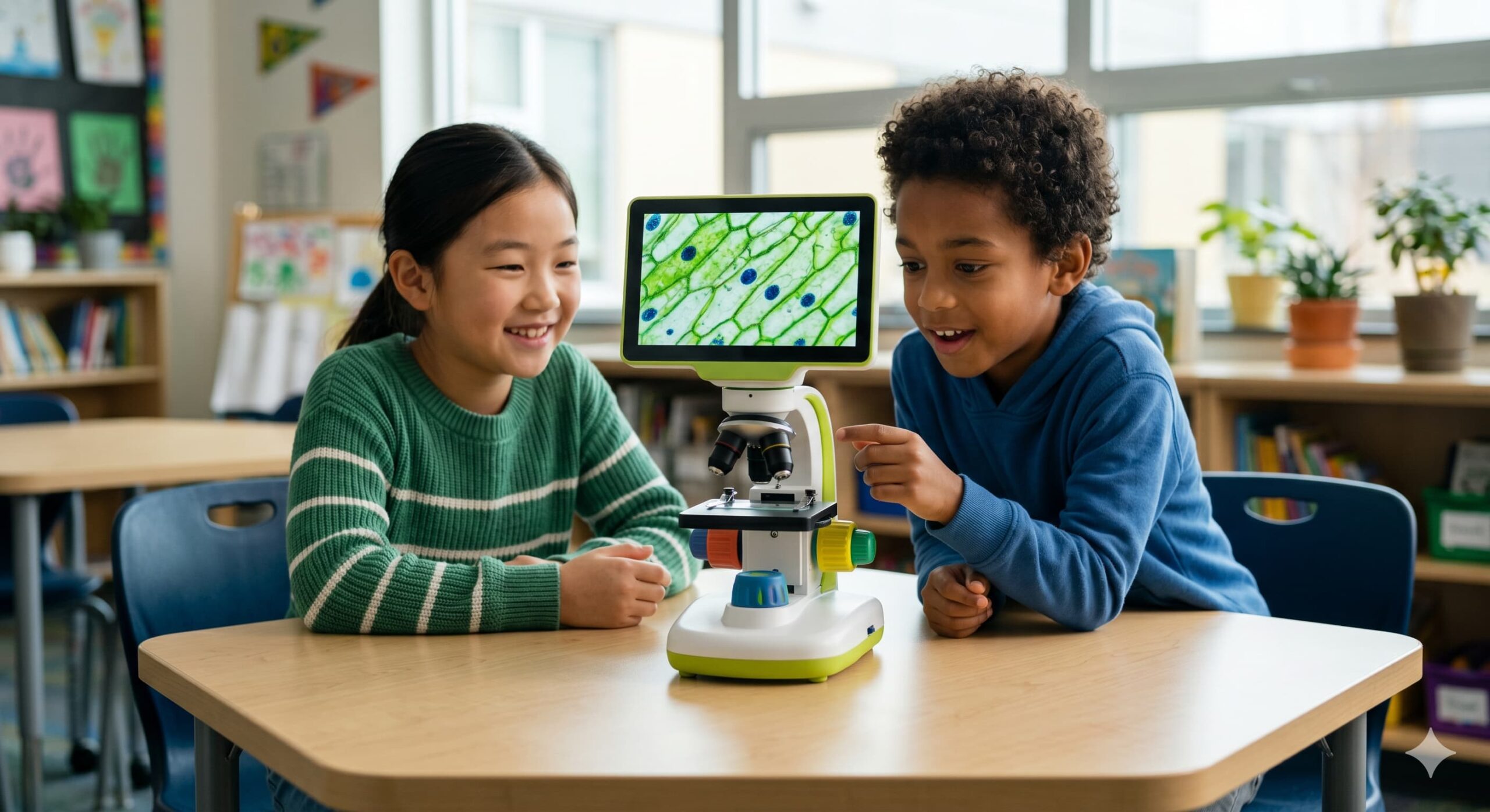 A group of young students using a digital microscope for kids to view a leaf on a large integrated LCD screen.