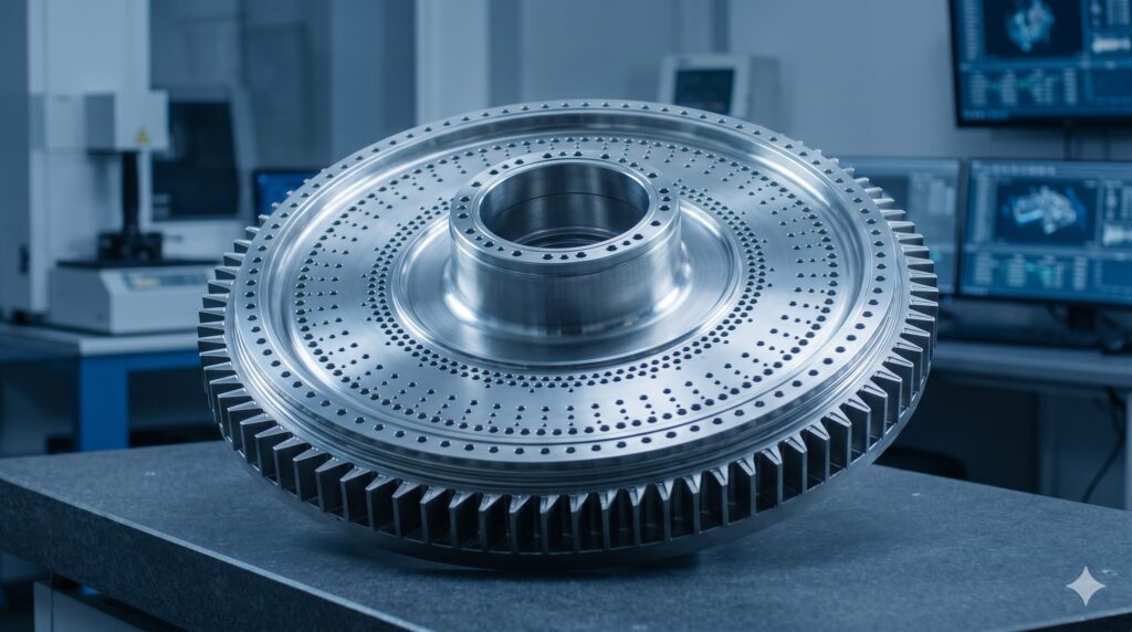 A precision-engineered aerospace turbine component manufactured from Inconel 718 superalloy.