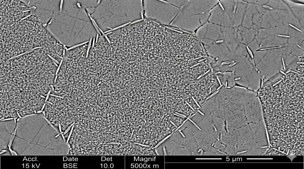 Scanning Electron Microscope (SEM) image of Inconel 718 microstructure showing Gamma Double Prime and Delta phases.