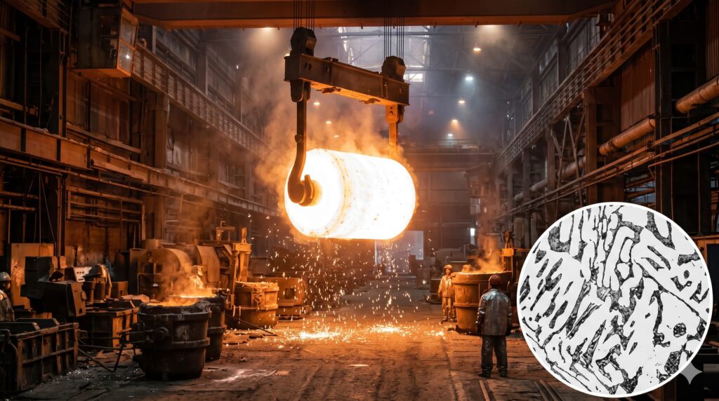 Large industrial white cast iron crushing roll and its corresponding microstructure.