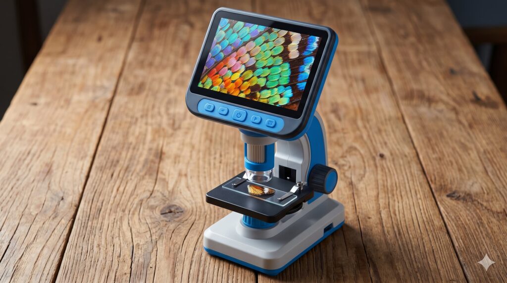 A kids digital microscope showing a sharp, colorful image of a butterfly wing on its LCD screen.