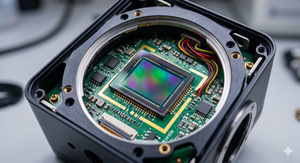 Close-up of a digital microscope camera sensor and its internal circuitry.