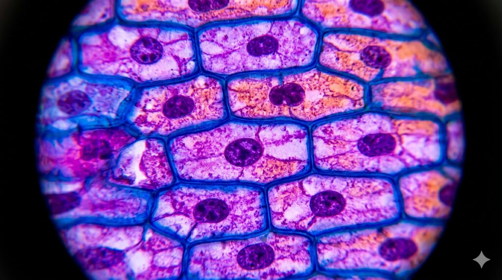 A high-contrast microscopic view of plant cells as seen through a light microscope.
