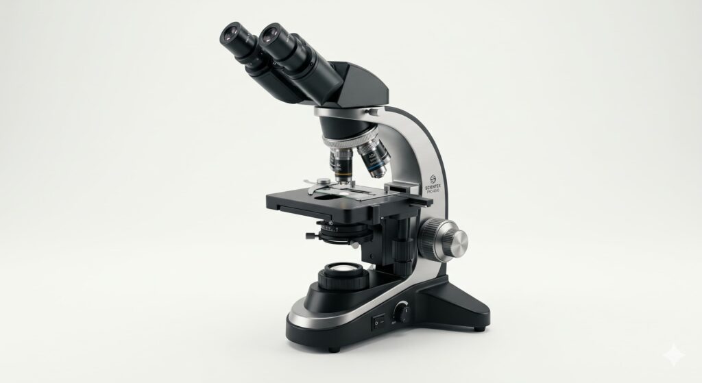A professional laboratory light microscope showing its main parts including the revolving nosepiece and stage.