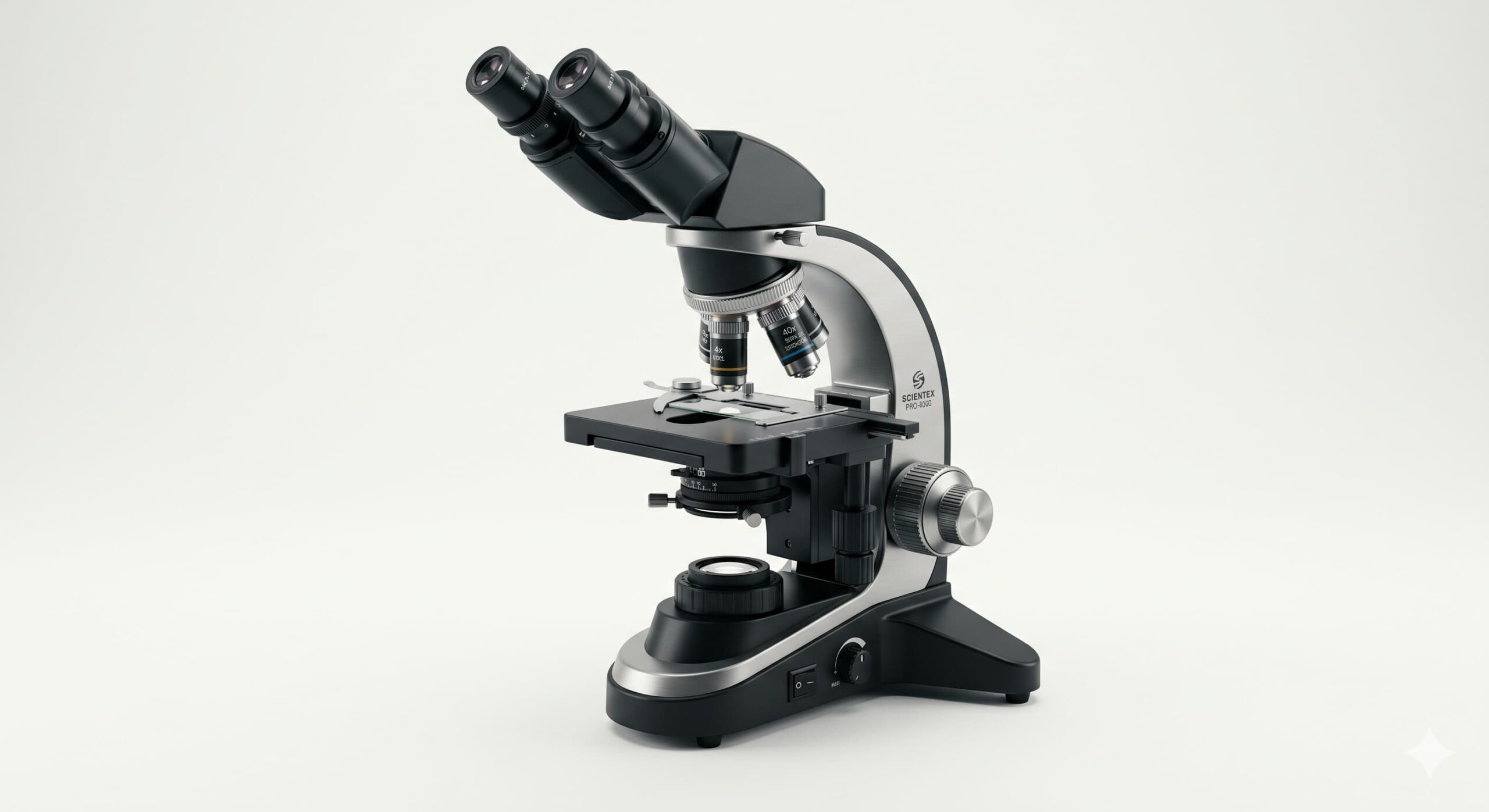 A professional laboratory light microscope showing its main parts including the revolving nosepiece and stage.