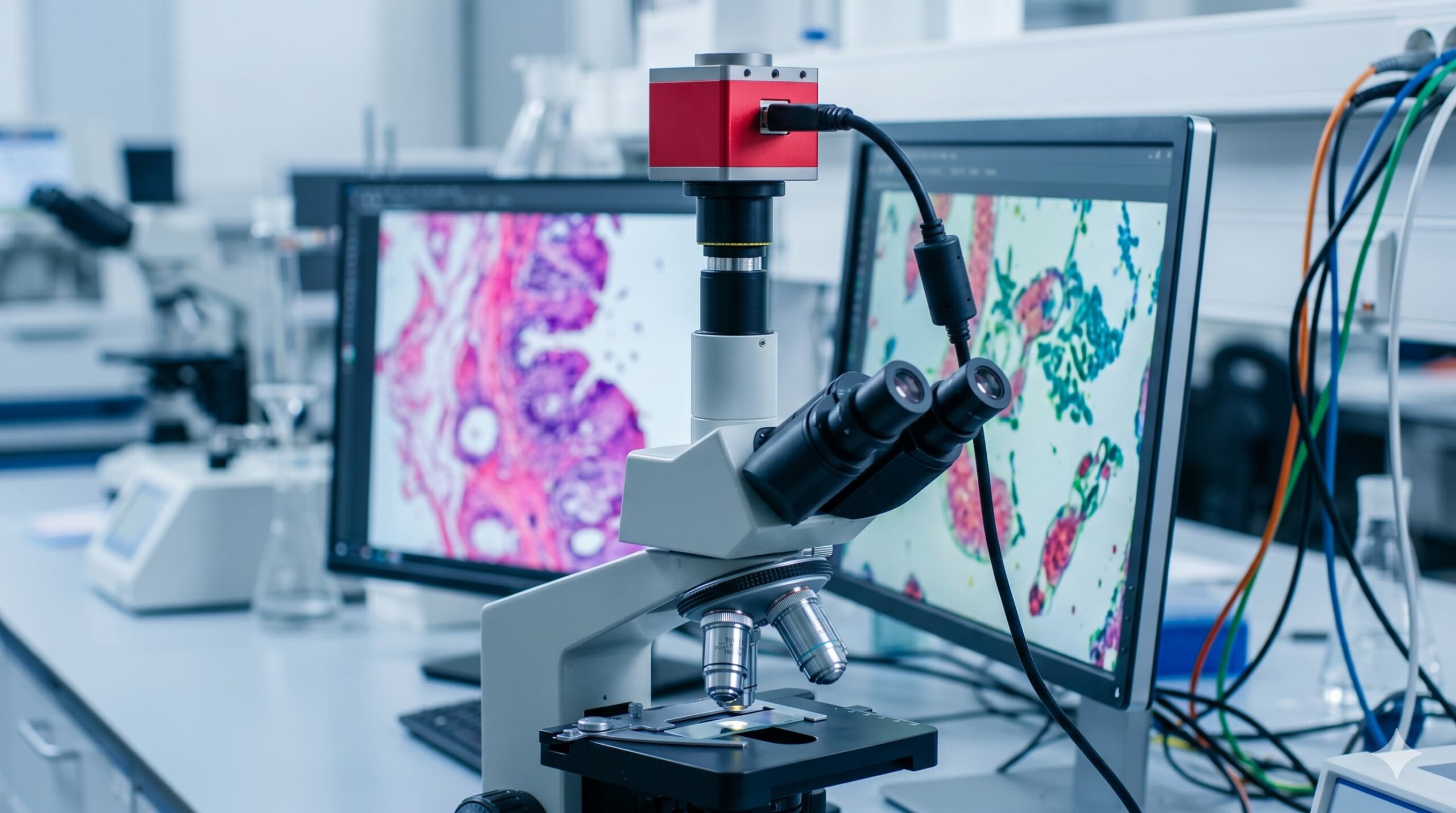A professional trinocular microscope equipped with a high-resolution digital microscope camera in a laboratory setting.