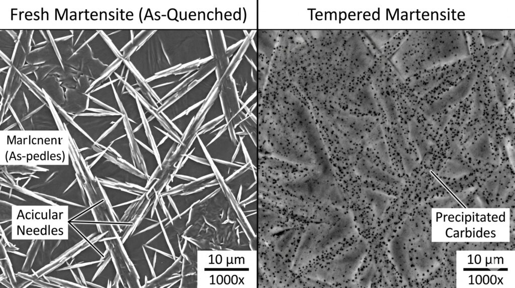 Comparison of untempered vs. tempered martensite microstructure under 500x magnification.