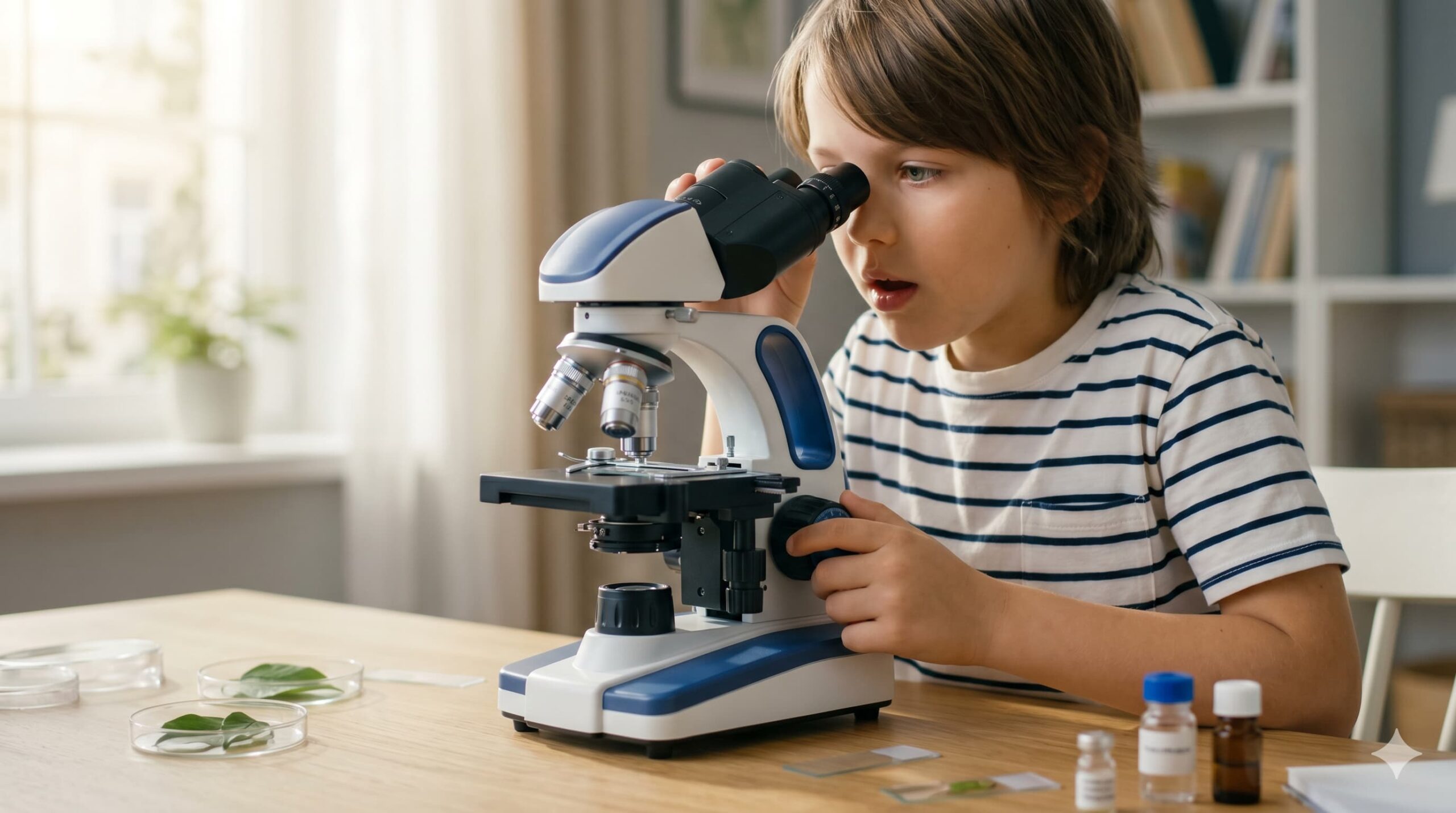 A young child focused on using a modern microscope for kids in a home laboratory setting.